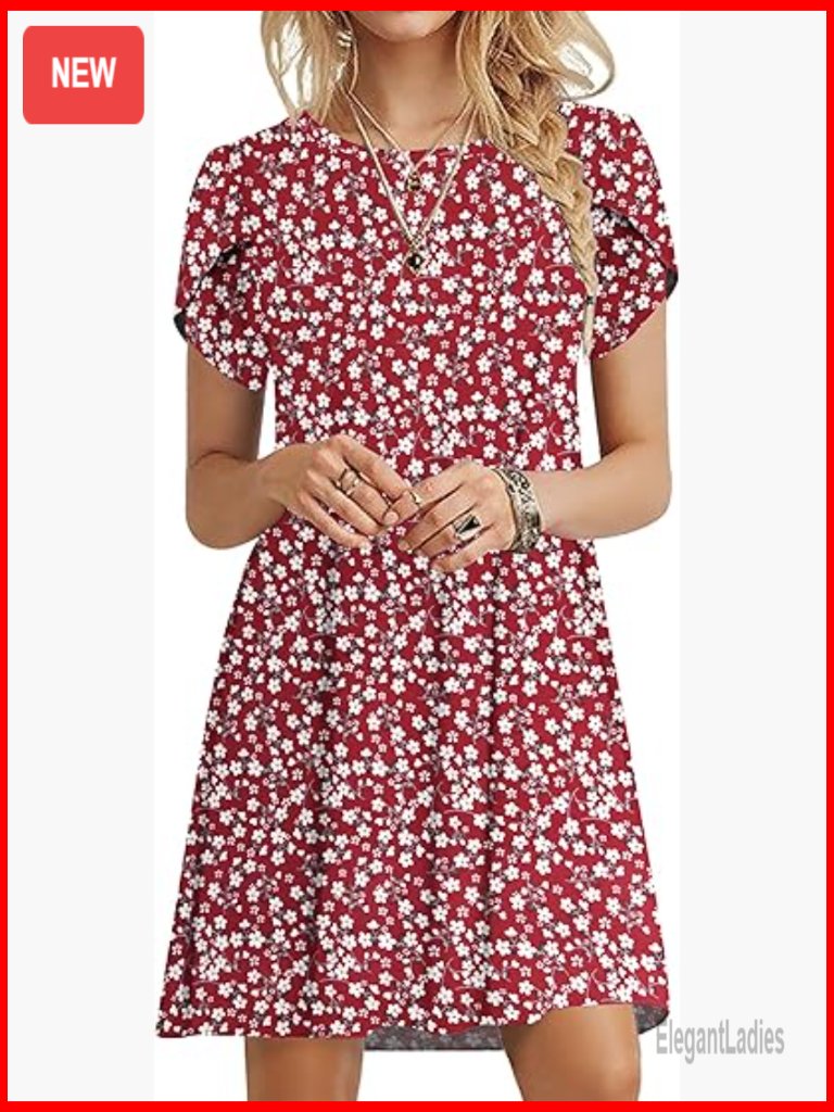 Casual Crewneck Petal Sleeve Swing Dress With Pockets
